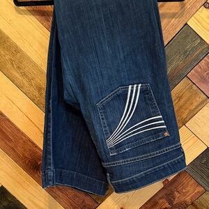 7 For All Mankind Deep Blue Bootcut Jeans with White Stitching